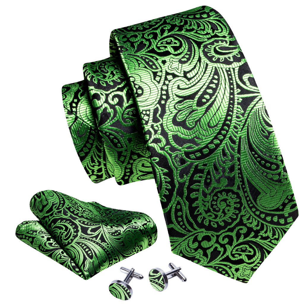 Green Black Paisley Tie, Pocket Square and Cufflinks Set tie sets - Sophisticated Gentlemen
