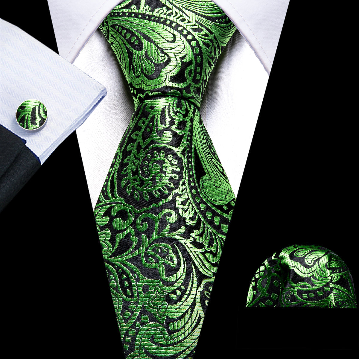 Green Black Paisley Tie, Pocket Square and Cufflinks Set tie sets - Sophisticated Gentlemen