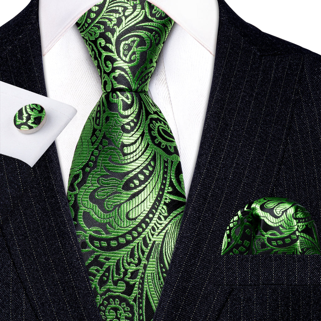 Green Black Paisley Tie, Pocket Square and Cufflinks Set tie sets - Sophisticated Gentlemen