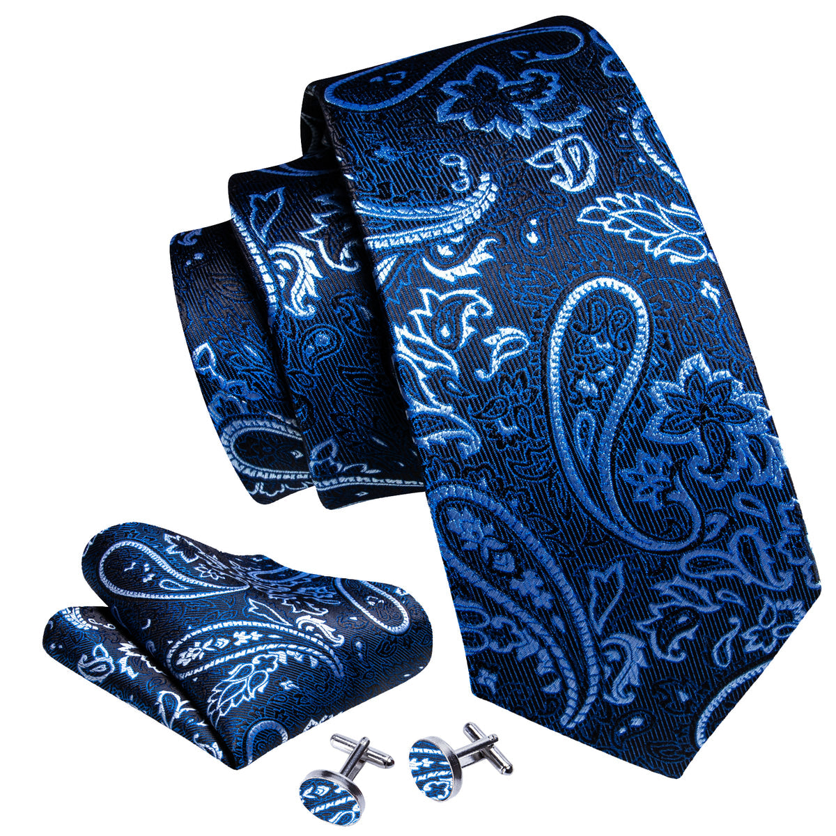 Blue White Beautiful Paisley Tie, Pocket Square and Cufflinks Set tie sets - Sophisticated Gentlemen