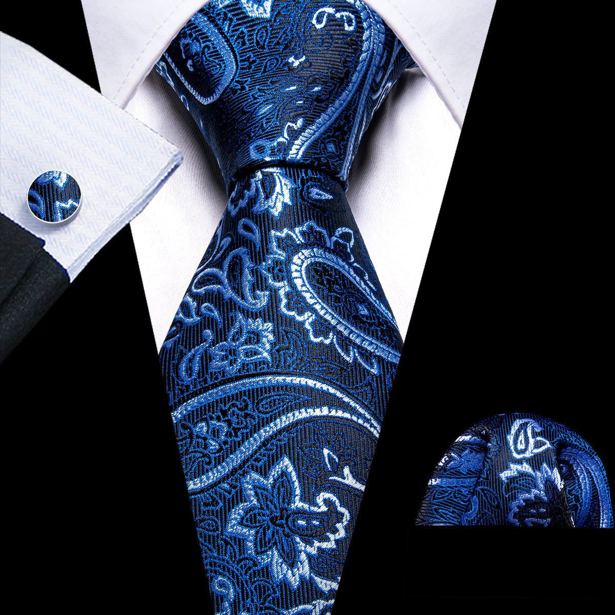 Blue White Beautiful Paisley Tie, Pocket Square and Cufflinks Set tie sets - Sophisticated Gentlemen