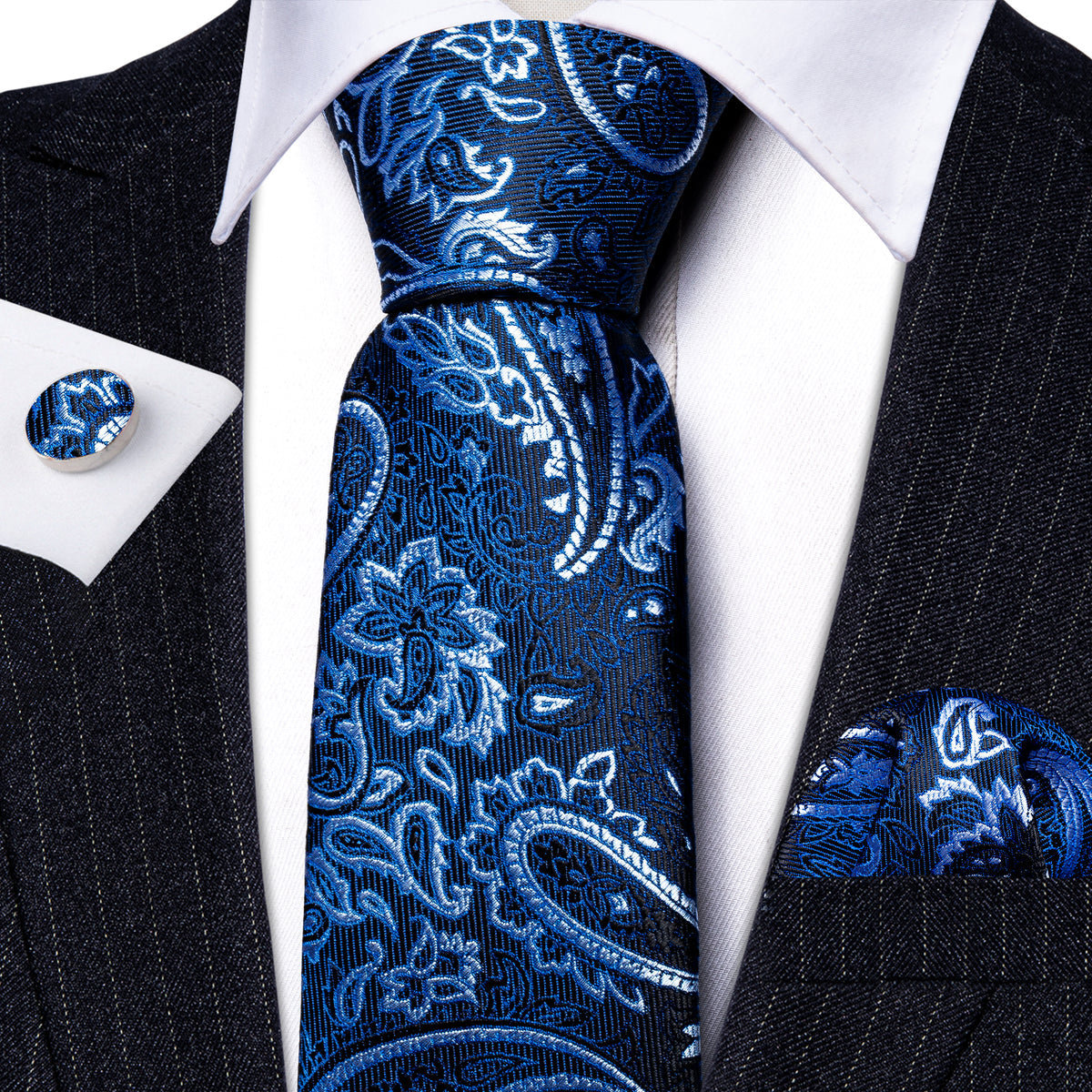 Blue White Beautiful Paisley Tie, Pocket Square and Cufflinks Set tie sets - Sophisticated Gentlemen