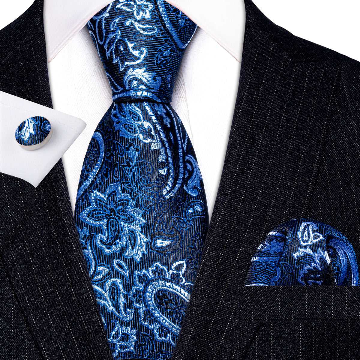 Blue White Beautiful Paisley Tie, Pocket Square and Cufflinks Set tie sets - Sophisticated Gentlemen