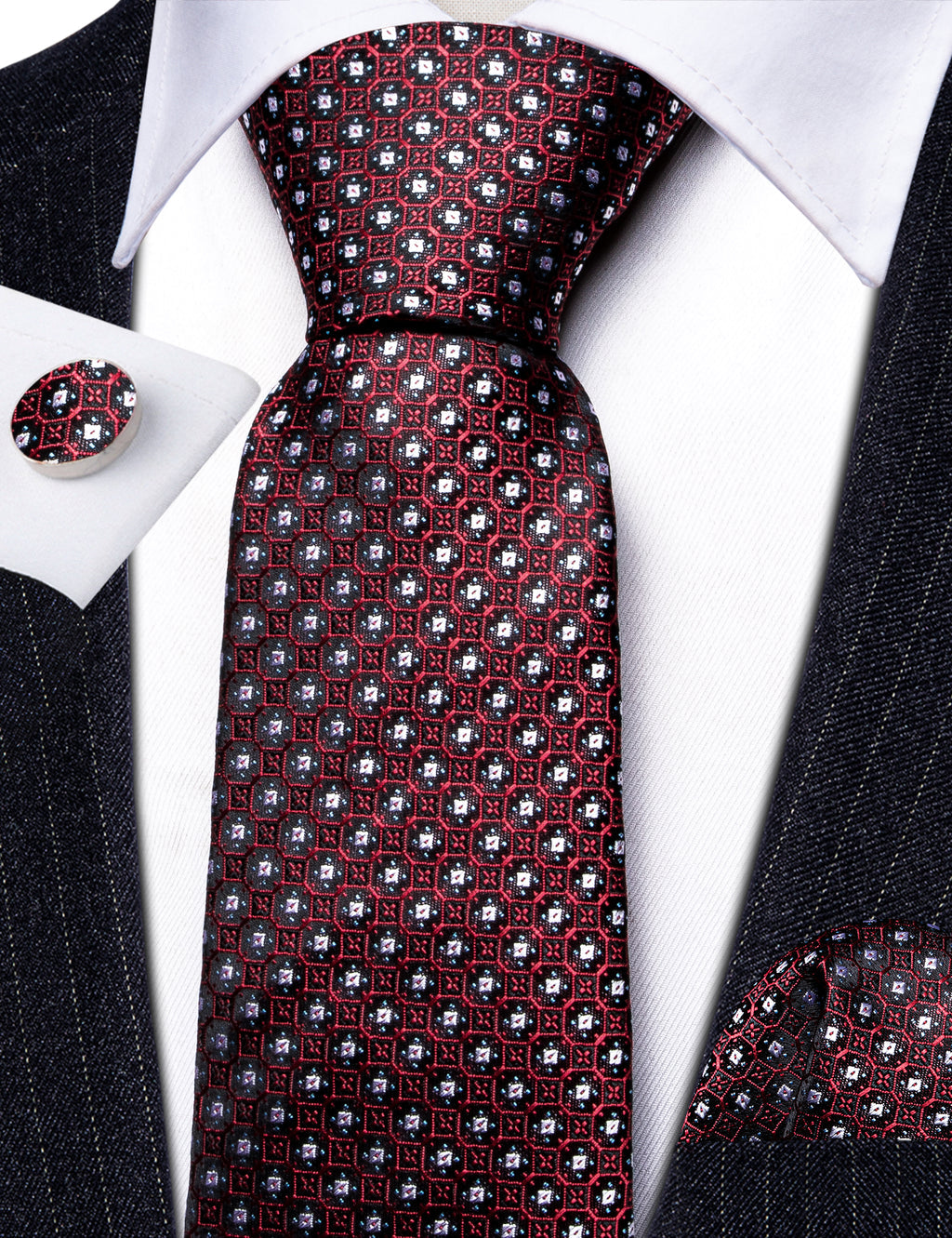 Red White Striped Silk Tie, Pocket Square and Cufflinks Set tie sets - Sophisticated Gentlemen