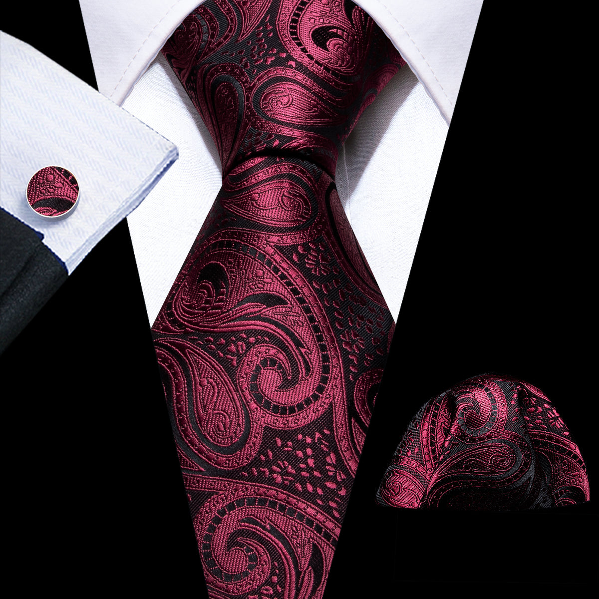 Red Black Paisley Silk Tie, Pocket Square and Cufflinks Set tie sets - Sophisticated Gentlemen