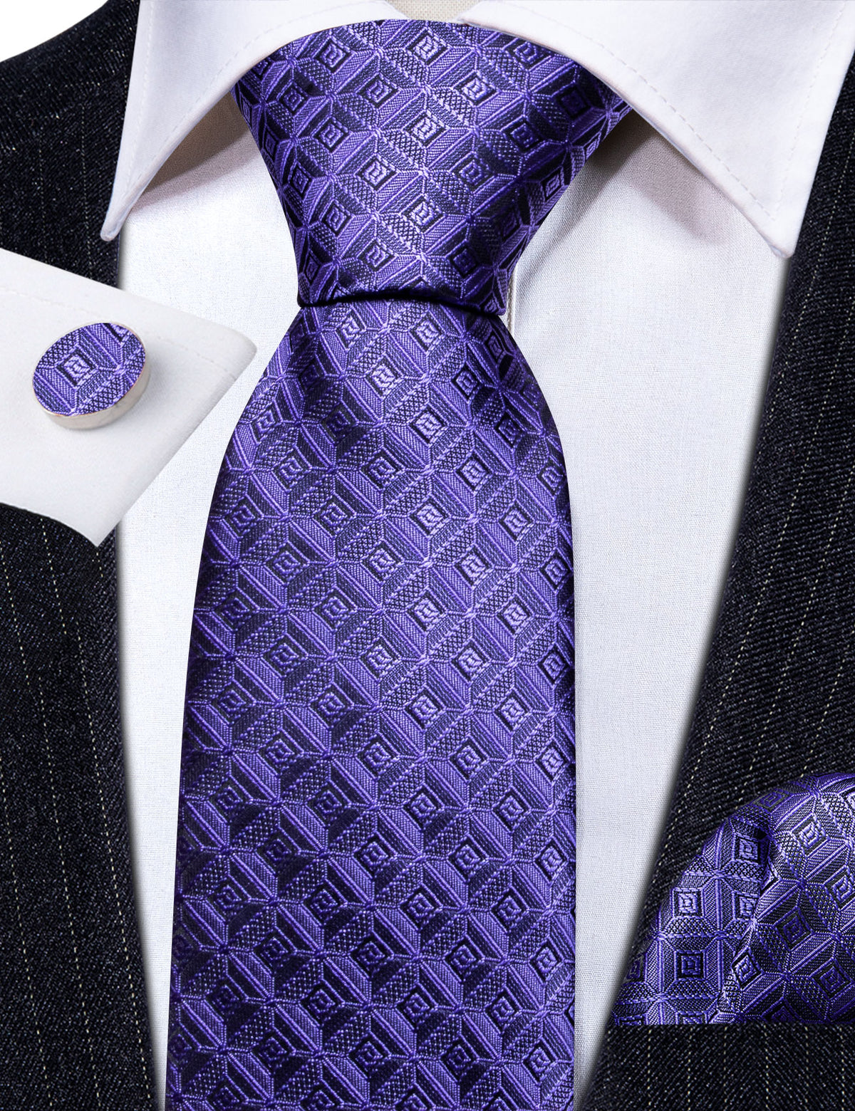 Purple Novelty Plaid Silk Tie, Pocket Square and Cufflinks Set tie sets - Sophisticated Gentlemen