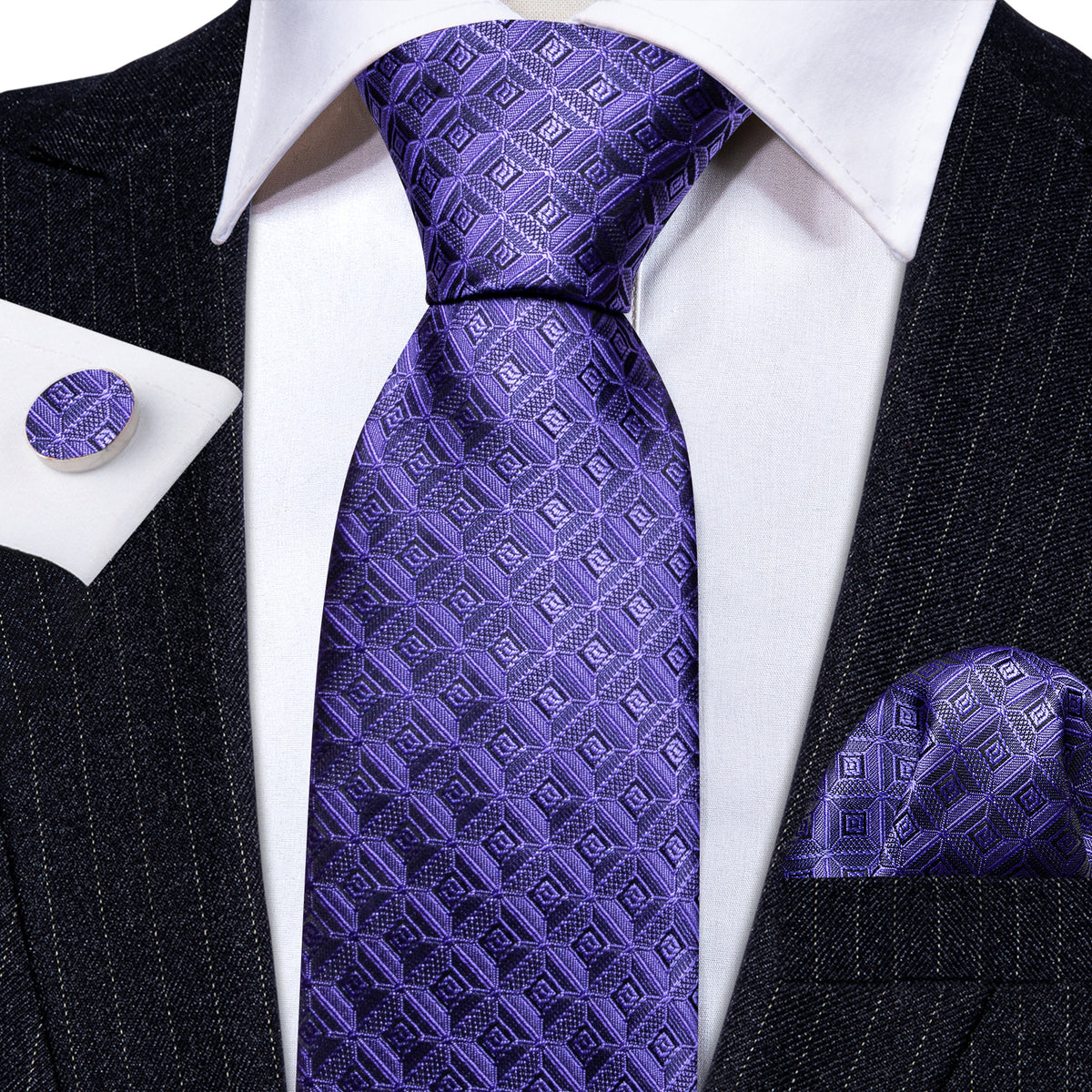 Purple Novelty Plaid Silk Tie, Pocket Square and Cufflinks Set tie sets - Sophisticated Gentlemen