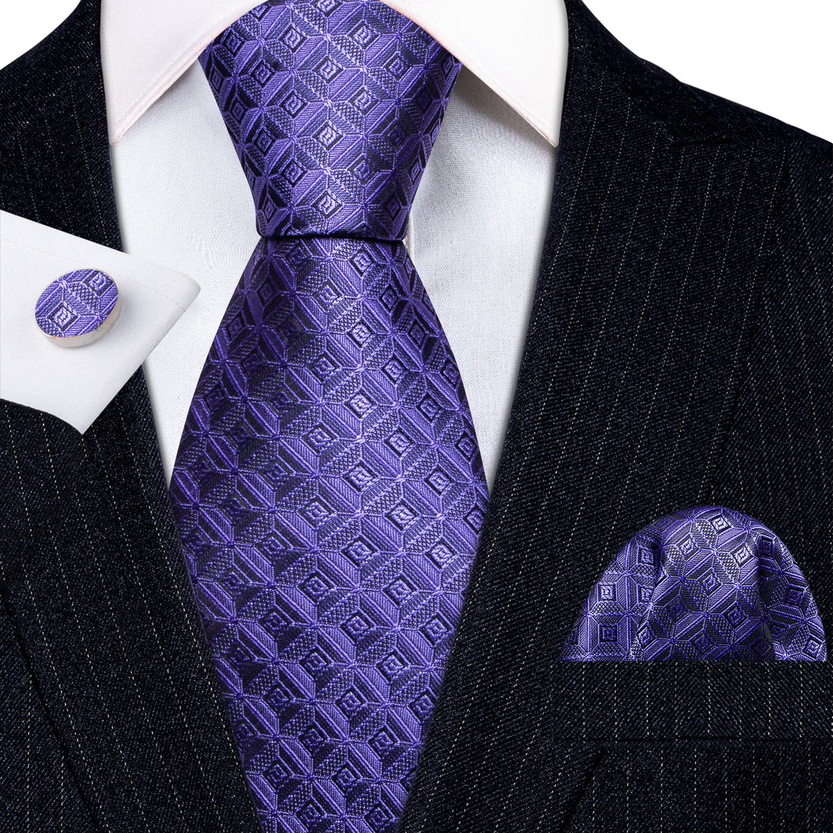 Purple Novelty Plaid Silk Tie, Pocket Square and Cufflinks Set tie sets - Sophisticated Gentlemen