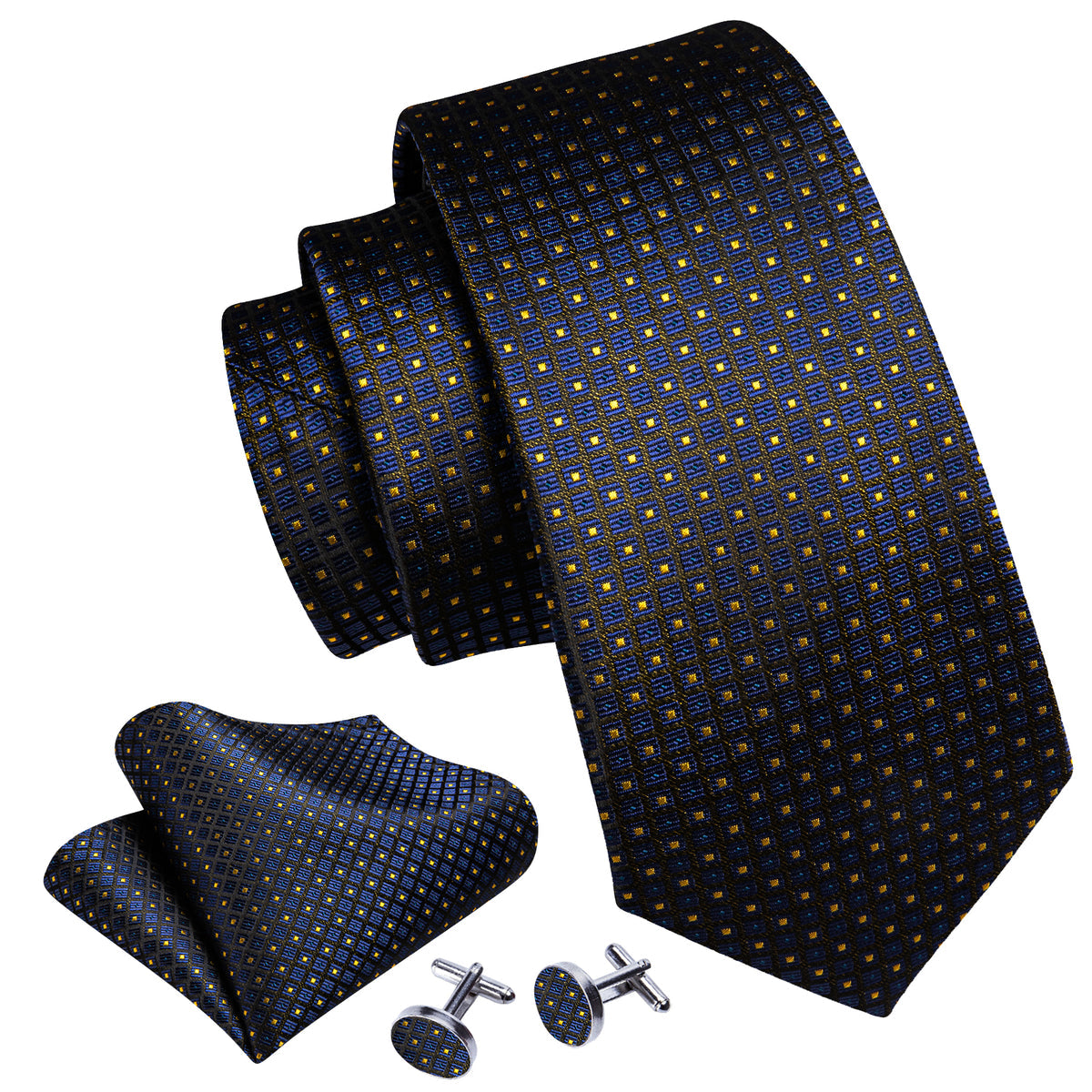 Dark Blue Yellow Plaid Paisley Silk Tie, Pocket Square and Cufflinks Set tie sets - Sophisticated Gentlemen
