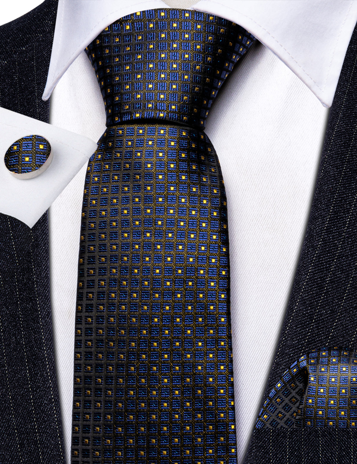 Dark Blue Yellow Plaid Paisley Silk Tie, Pocket Square and Cufflinks Set tie sets - Sophisticated Gentlemen