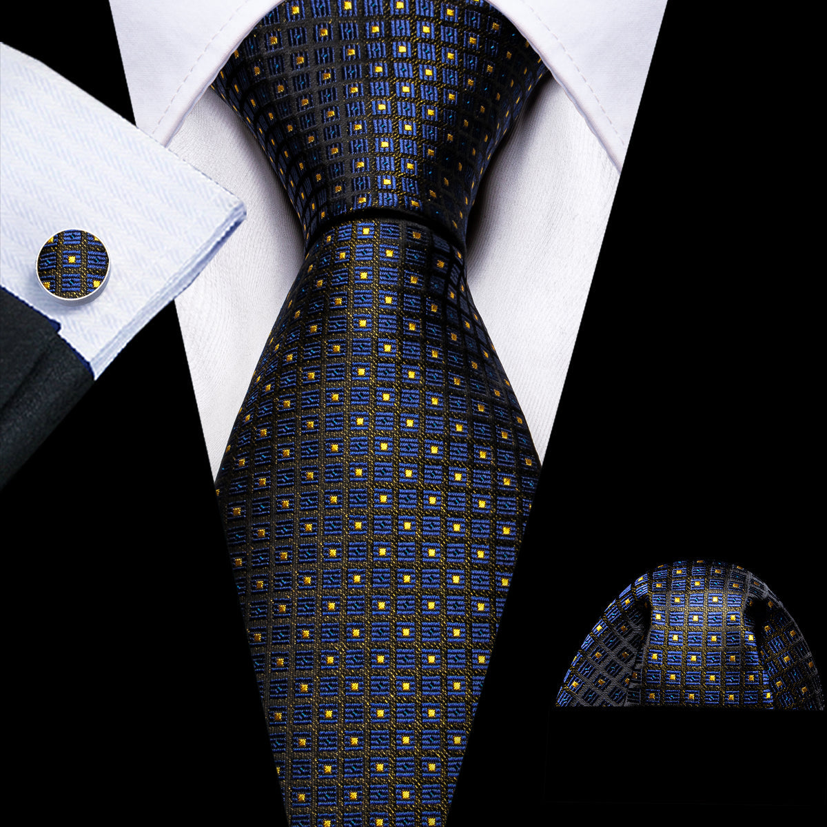 Dark Blue Yellow Plaid Paisley Silk Tie, Pocket Square and Cufflinks Set tie sets - Sophisticated Gentlemen