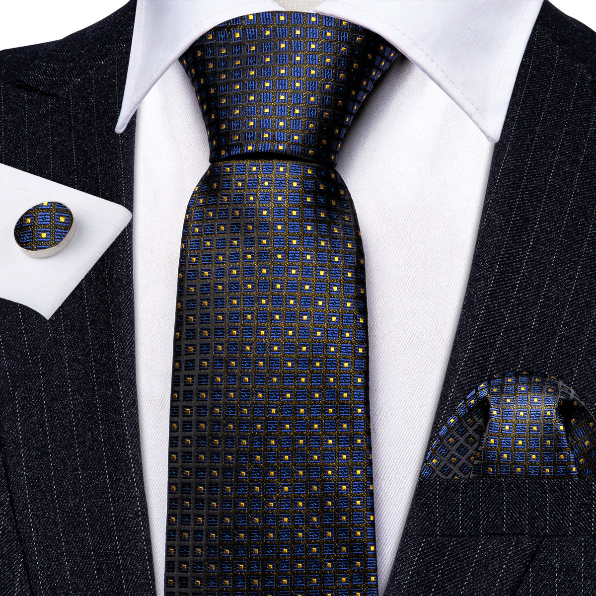 Dark Blue Yellow Plaid Paisley Silk Tie, Pocket Square and Cufflinks Set tie sets - Sophisticated Gentlemen