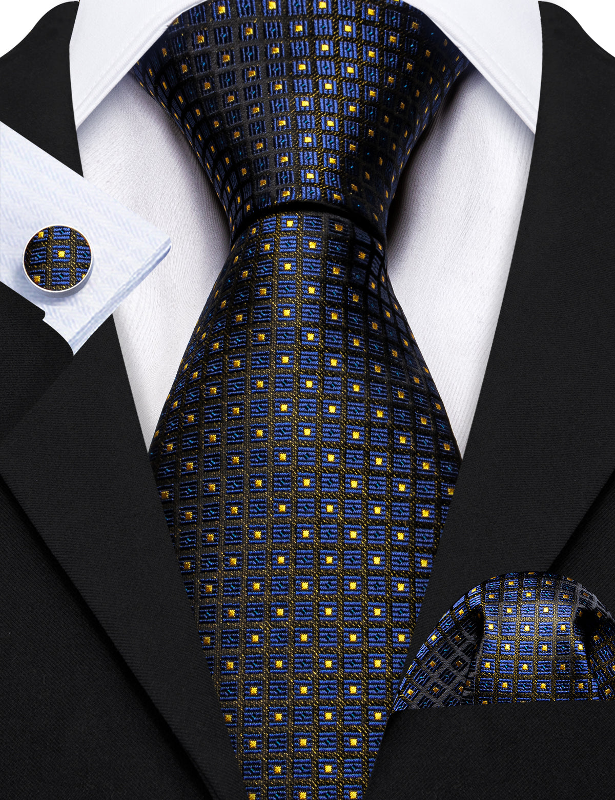 Dark Blue Yellow Plaid Paisley Silk Tie, Pocket Square and Cufflinks Set tie sets - Sophisticated Gentlemen