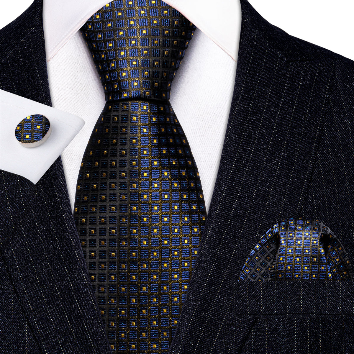 Dark Blue Yellow Plaid Paisley Silk Tie, Pocket Square and Cufflinks Set tie sets - Sophisticated Gentlemen