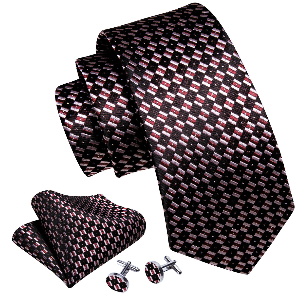 Black Pink Plaid Silk Tie, Pocket Square and Cufflinks Set tie sets - Sophisticated Gentlemen