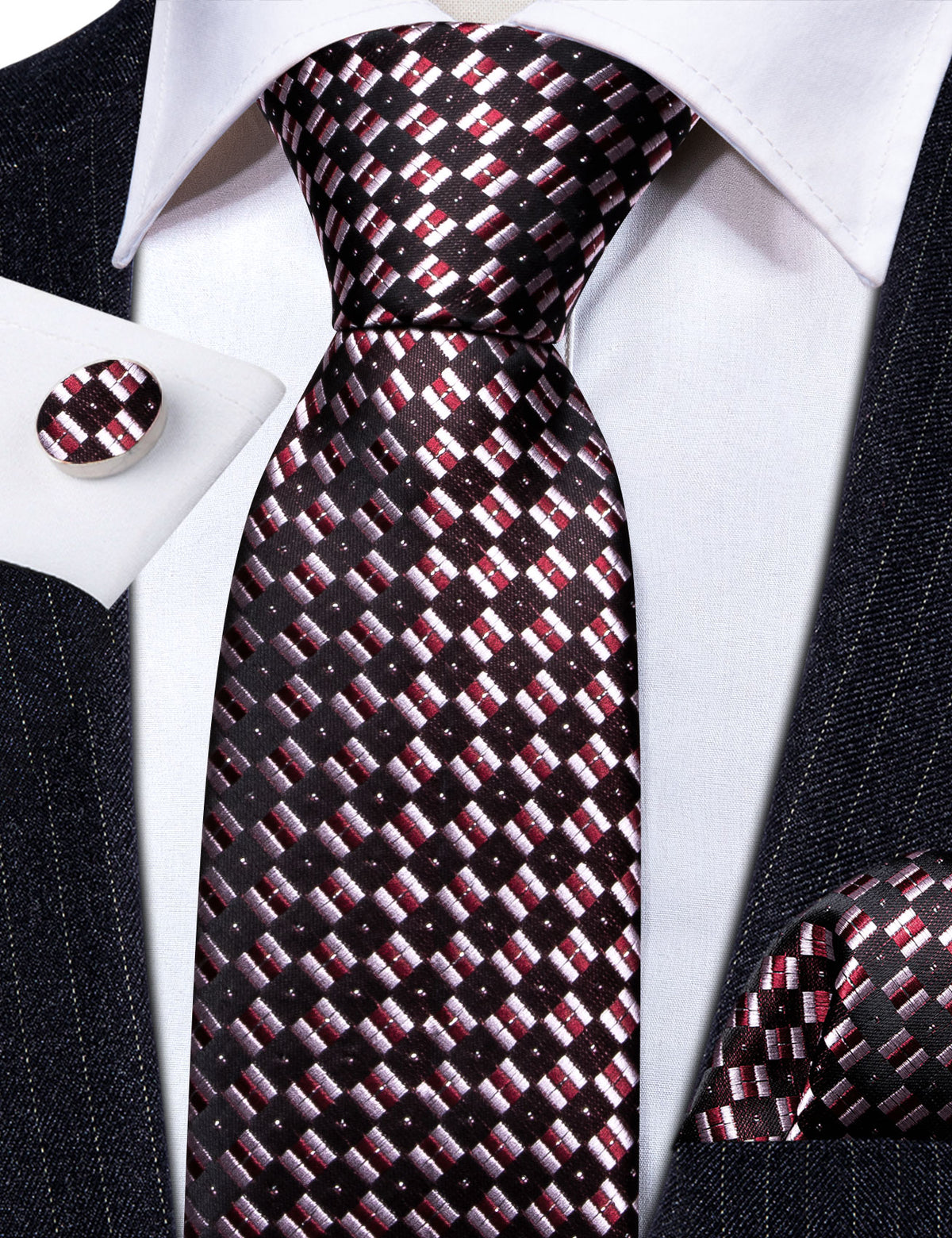 Black Pink Plaid Silk Tie, Pocket Square and Cufflinks Set tie sets - Sophisticated Gentlemen