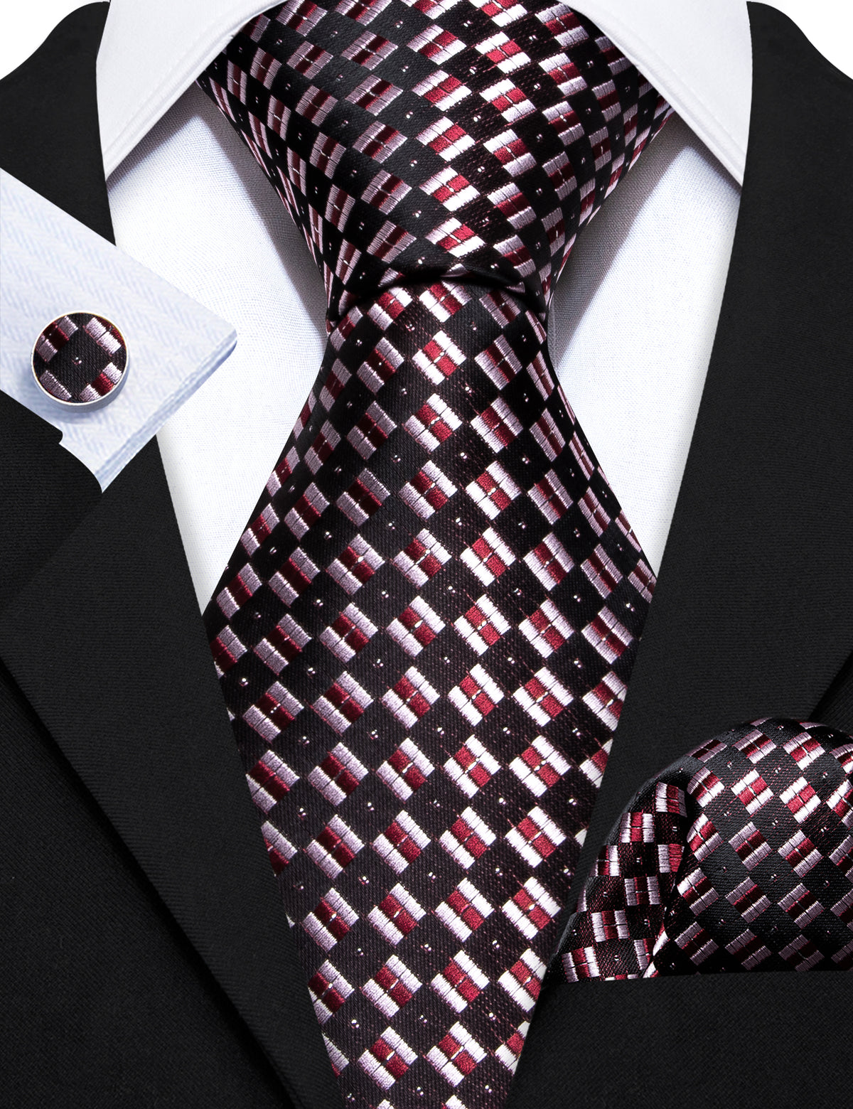 Black Pink Plaid Silk Tie, Pocket Square and Cufflinks Set tie sets - Sophisticated Gentlemen
