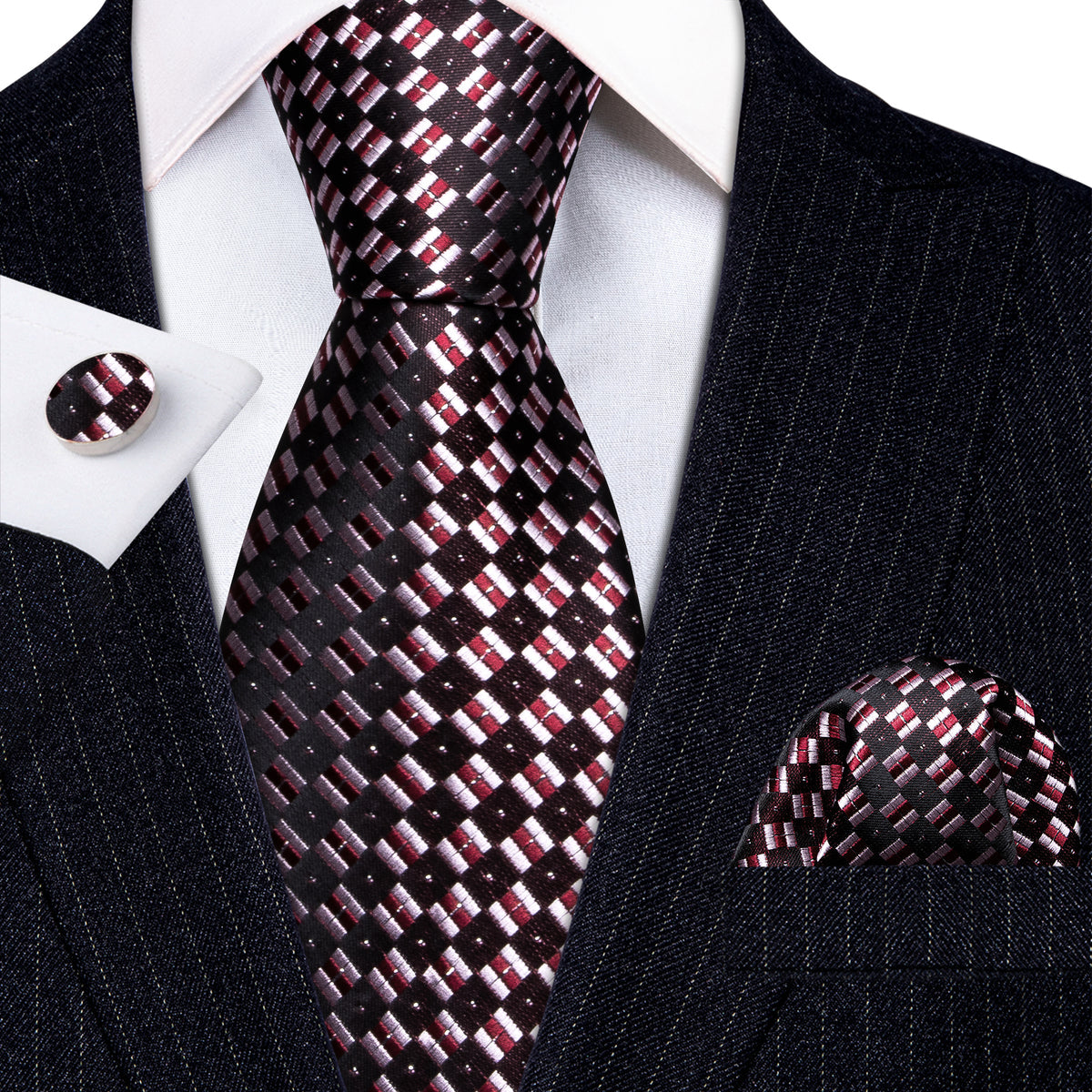 Black Pink Plaid Silk Tie, Pocket Square and Cufflinks Set tie sets - Sophisticated Gentlemen