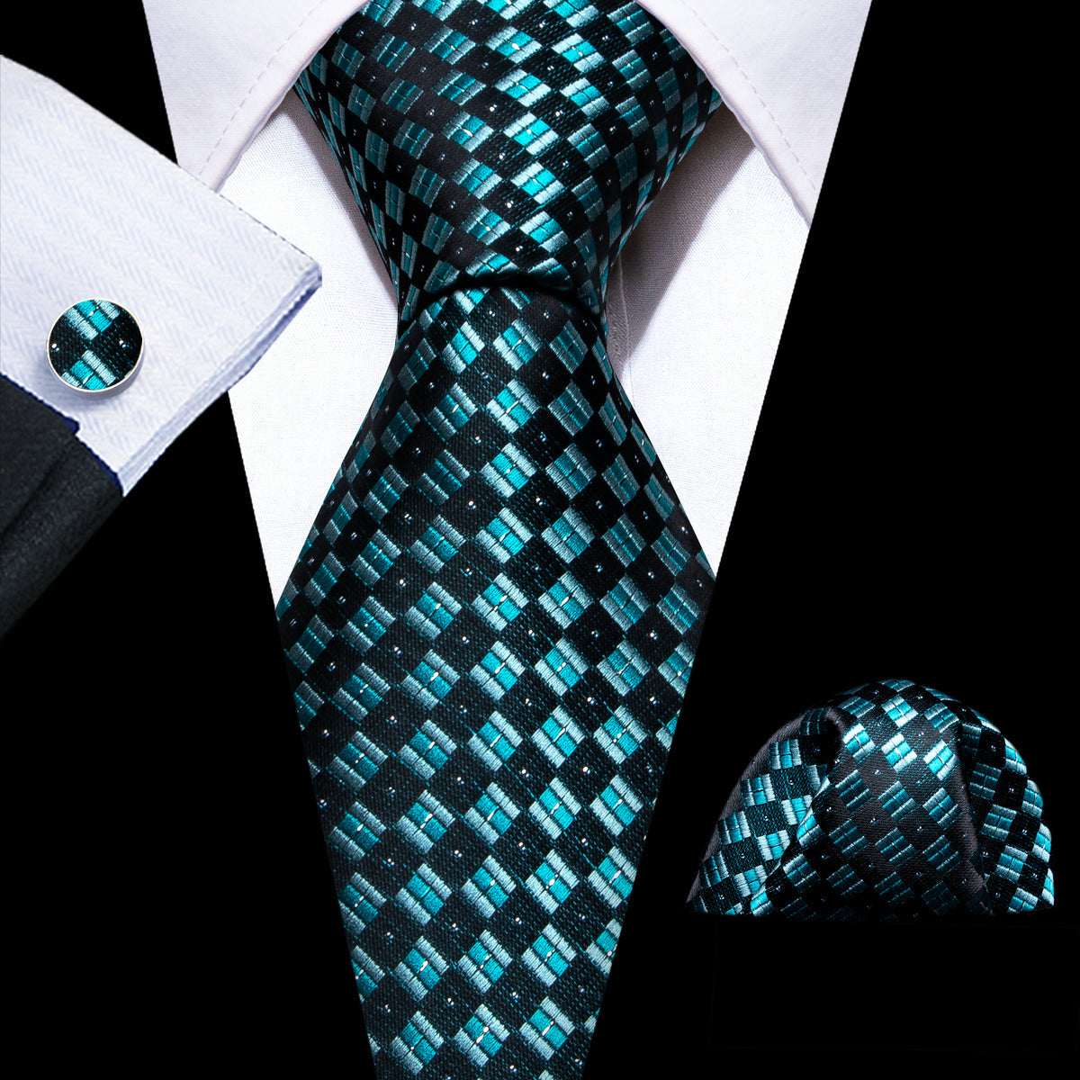 Blue Black Plaid Checkered Tie, Pocket Square and Cufflinks Set tie sets - Sophisticated Gentlemen