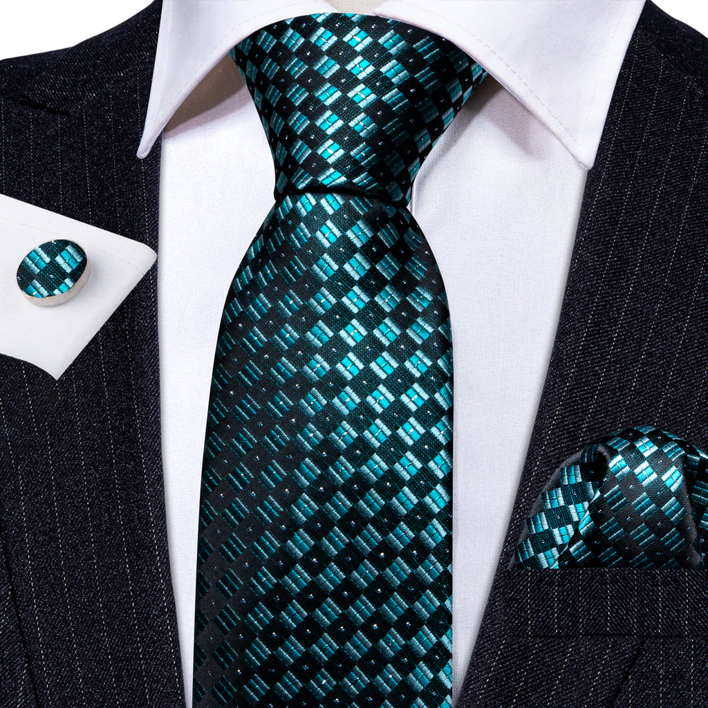 Blue Black Plaid Checkered Tie, Pocket Square and Cufflinks Set tie sets - Sophisticated Gentlemen
