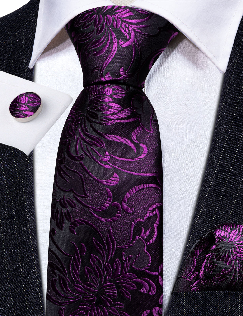 Purple Black Paisley Silk Tie, Pocket Square and Cufflinks Set tie sets - Sophisticated Gentlemen