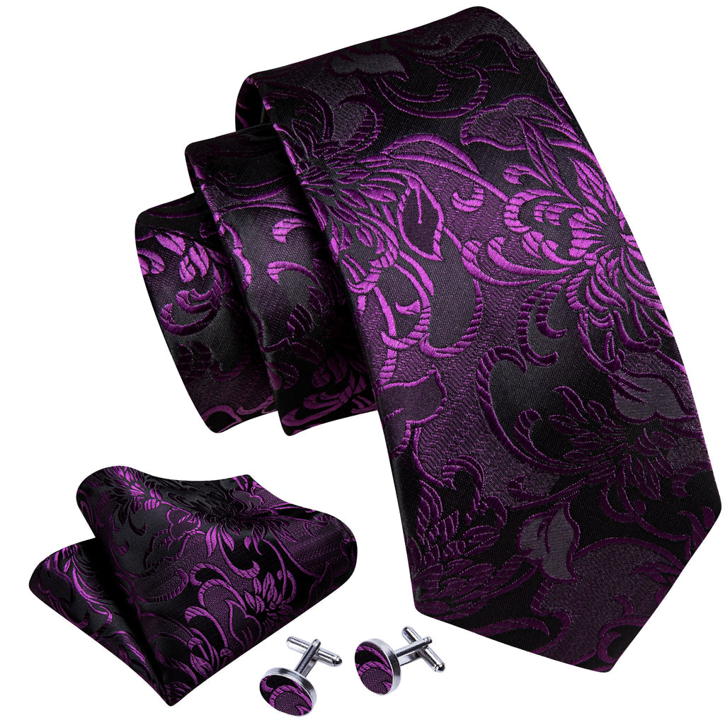 Purple Black Paisley Silk Tie, Pocket Square and Cufflinks Set tie sets - Sophisticated Gentlemen