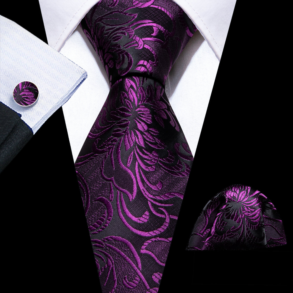 Purple Black Paisley Silk Tie, Pocket Square and Cufflinks Set tie sets - Sophisticated Gentlemen