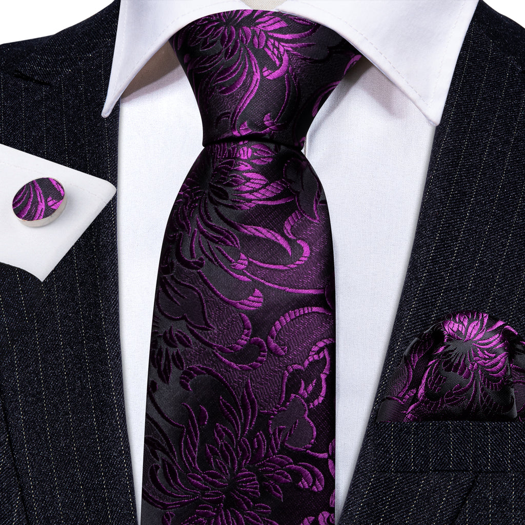 Purple Black Paisley Silk Tie, Pocket Square and Cufflinks Set tie sets - Sophisticated Gentlemen