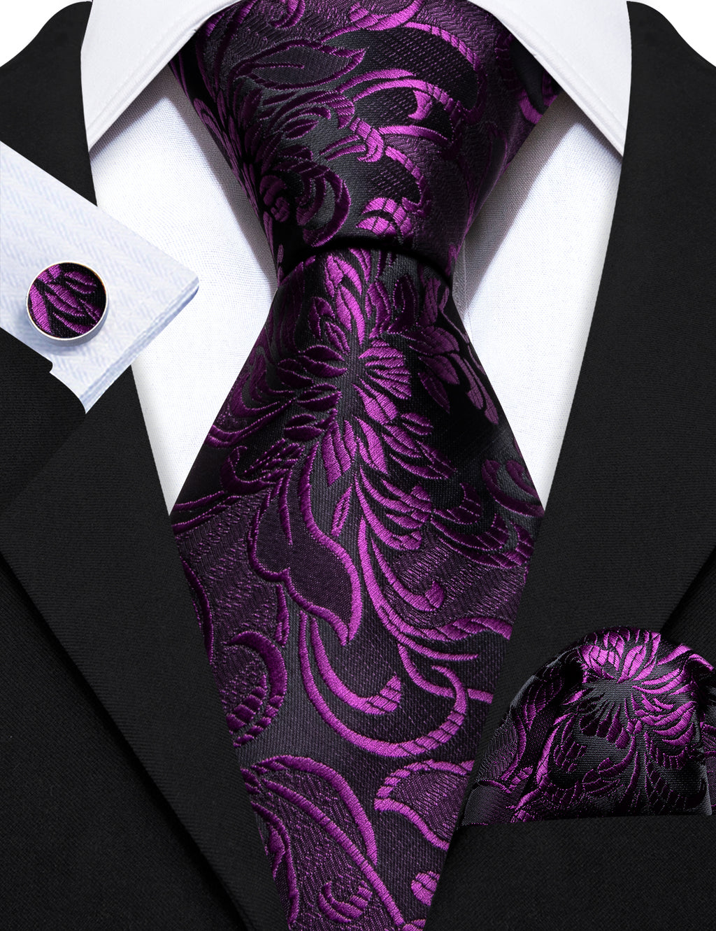 Purple Black Paisley Silk Tie, Pocket Square and Cufflinks Set tie sets - Sophisticated Gentlemen