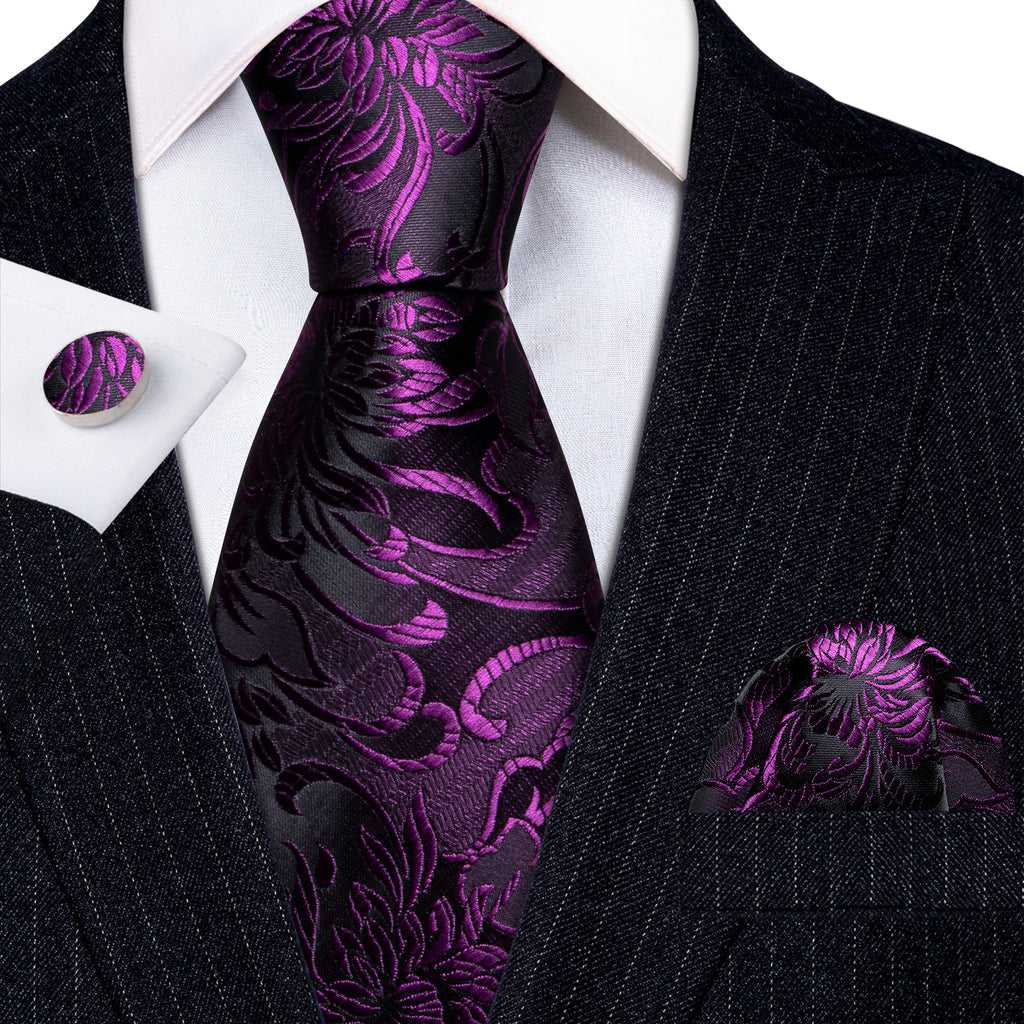 Purple Black Paisley Silk Tie, Pocket Square and Cufflinks Set tie sets - Sophisticated Gentlemen