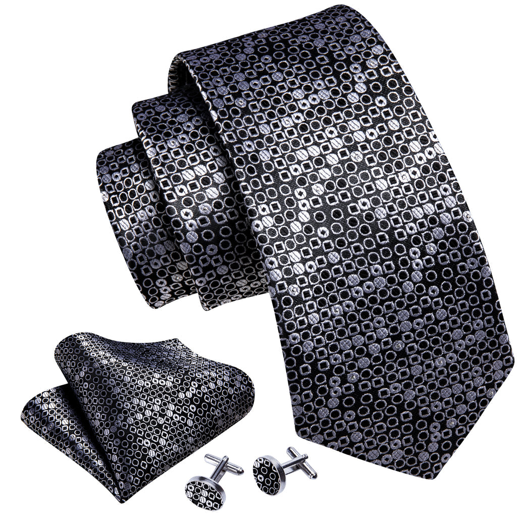 Black White Round Floral Silk Tie, Pocket Square and Cufflinks Set tie sets - Sophisticated Gentlemen