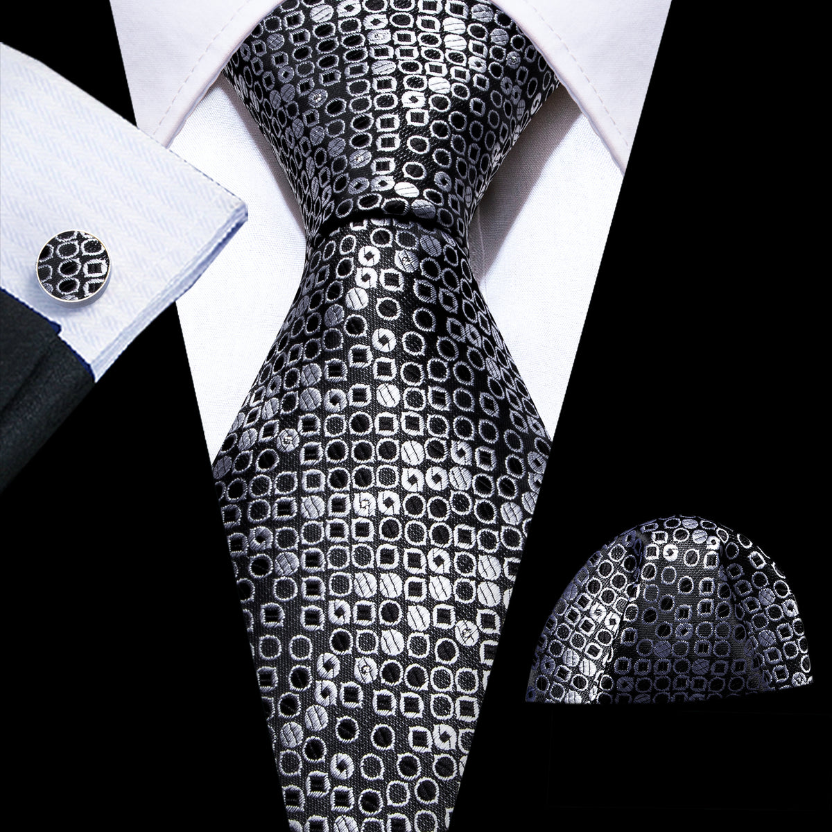 Black White Round Floral Silk Tie, Pocket Square and Cufflinks Set tie sets - Sophisticated Gentlemen