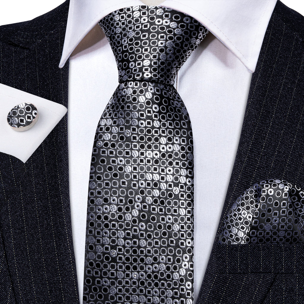 Black White Round Floral Silk Tie, Pocket Square and Cufflinks Set tie sets - Sophisticated Gentlemen