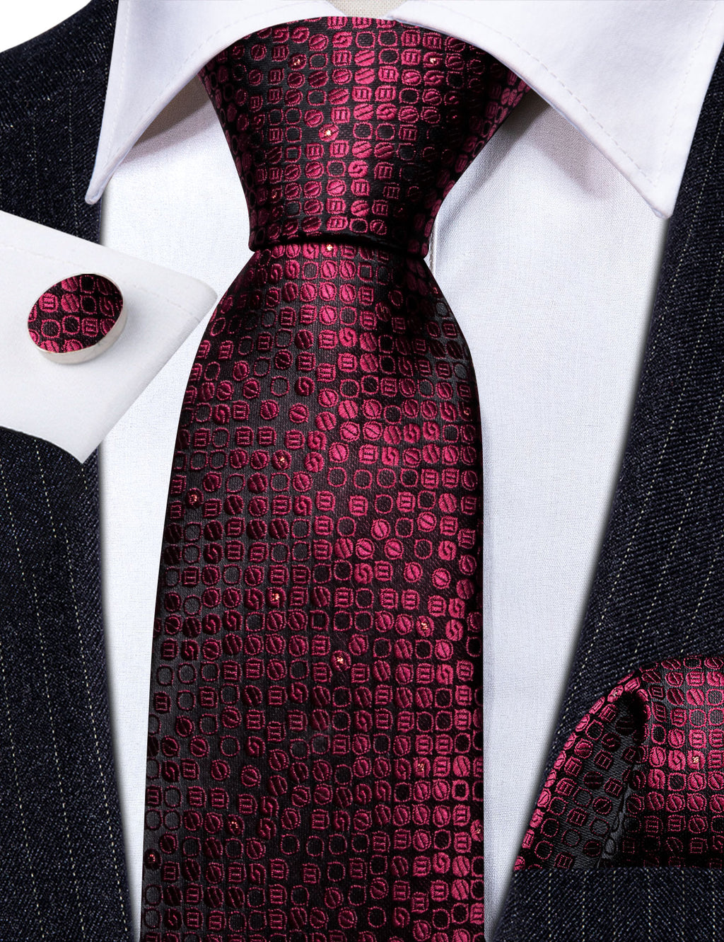 Red Black Round Floral Silk Tie, Pocket Square and Cufflinks Set tie sets - Sophisticated Gentlemen