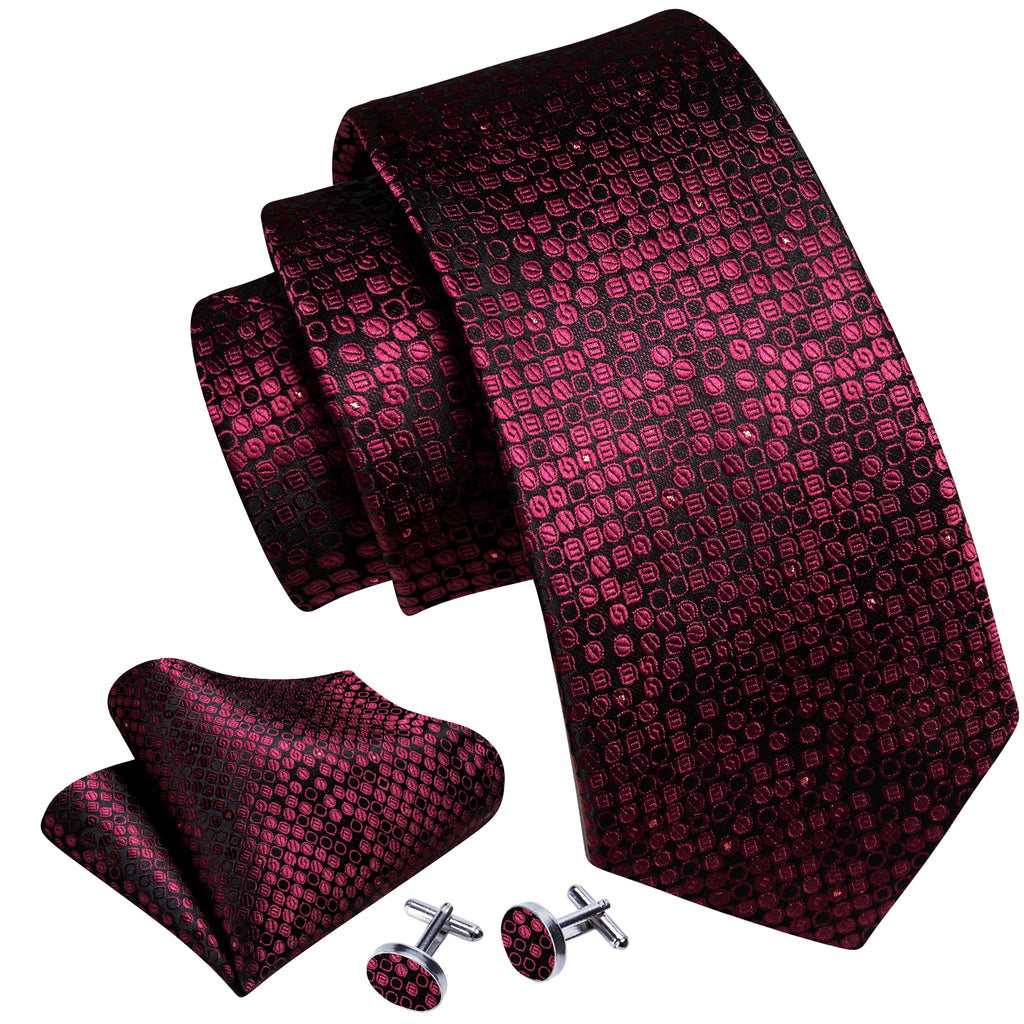 Red Black Round Floral Silk Tie, Pocket Square and Cufflinks Set tie sets - Sophisticated Gentlemen