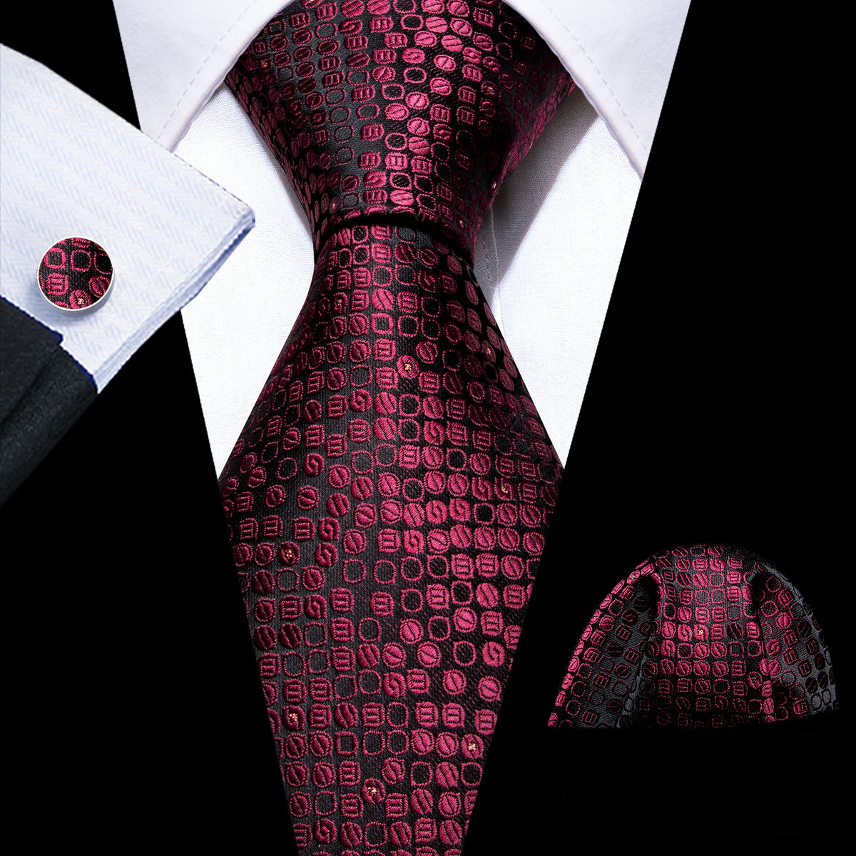 Red Black Round Floral Silk Tie, Pocket Square and Cufflinks Set tie sets - Sophisticated Gentlemen