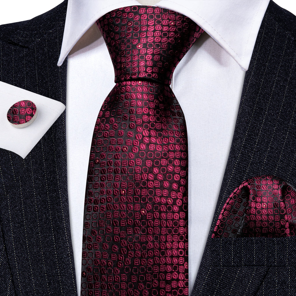 Red Black Round Floral Silk Tie, Pocket Square and Cufflinks Set tie sets - Sophisticated Gentlemen