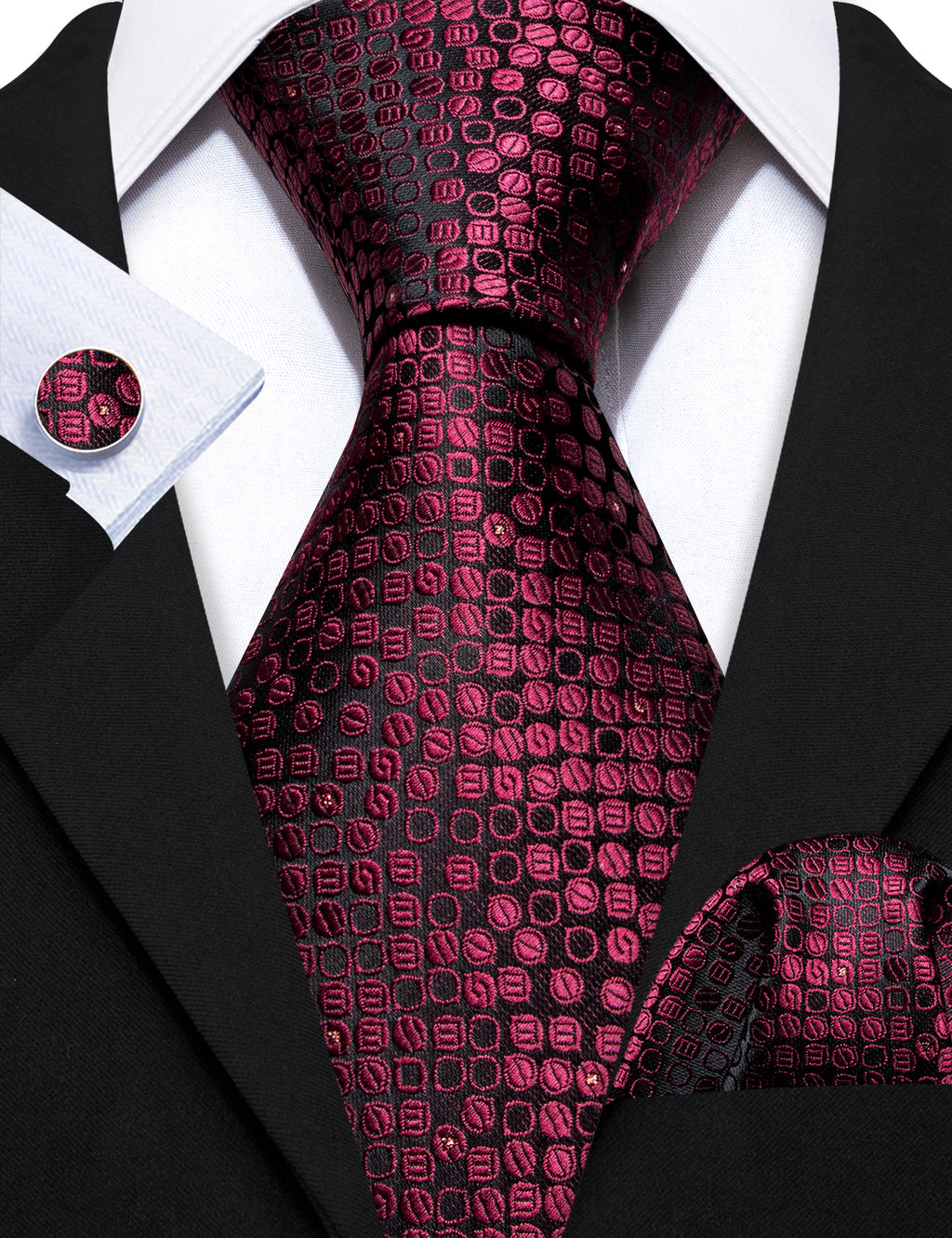 Red Black Round Floral Silk Tie, Pocket Square and Cufflinks Set tie sets - Sophisticated Gentlemen
