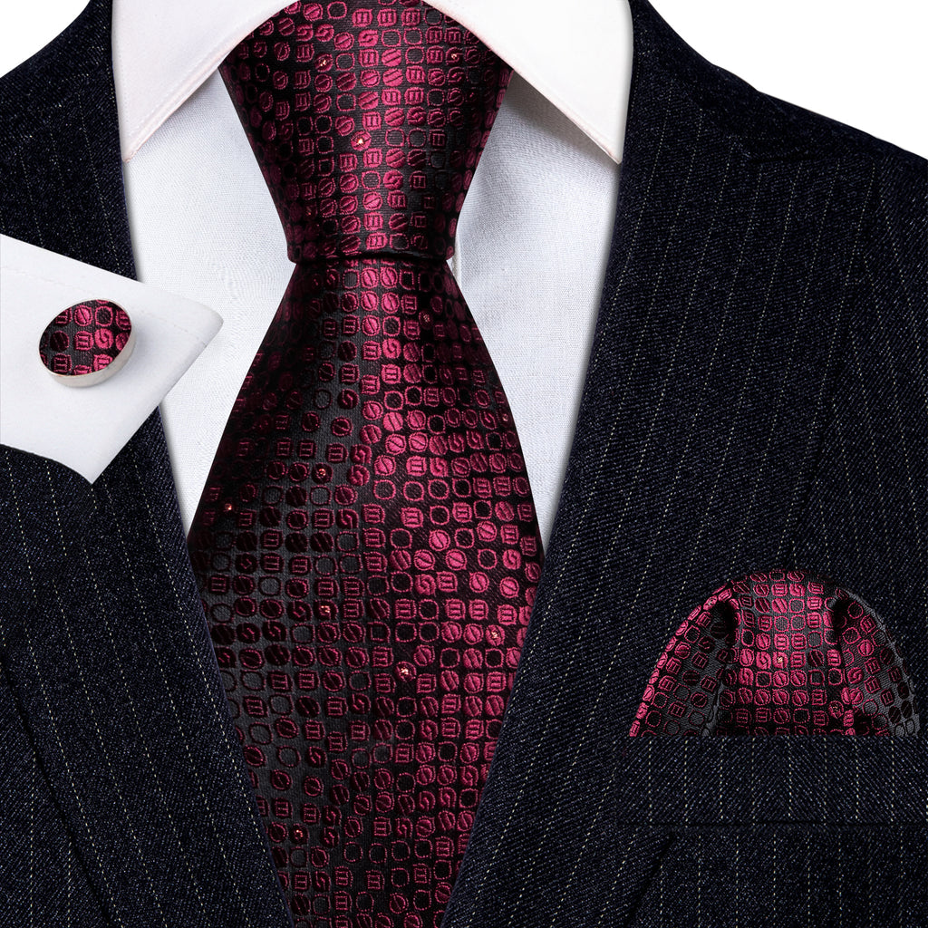 Red Black Round Floral Silk Tie, Pocket Square and Cufflinks Set tie sets - Sophisticated Gentlemen