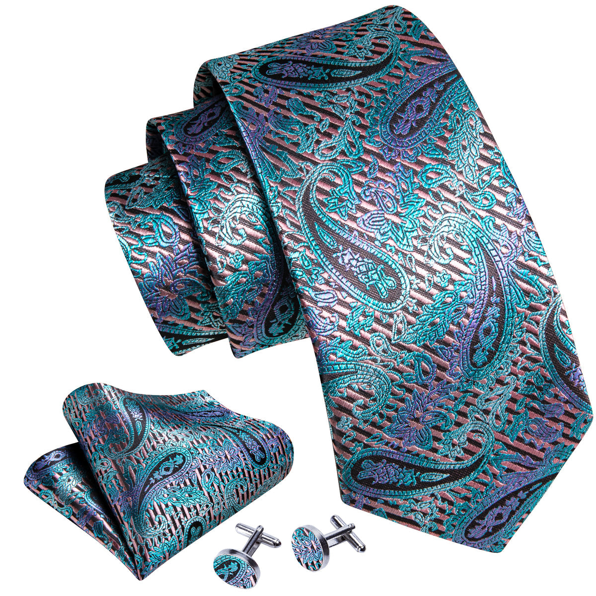 Shining Blue Purple Paisley Tie, Pocket Square and Cufflinks Set tie sets - Sophisticated Gentlemen