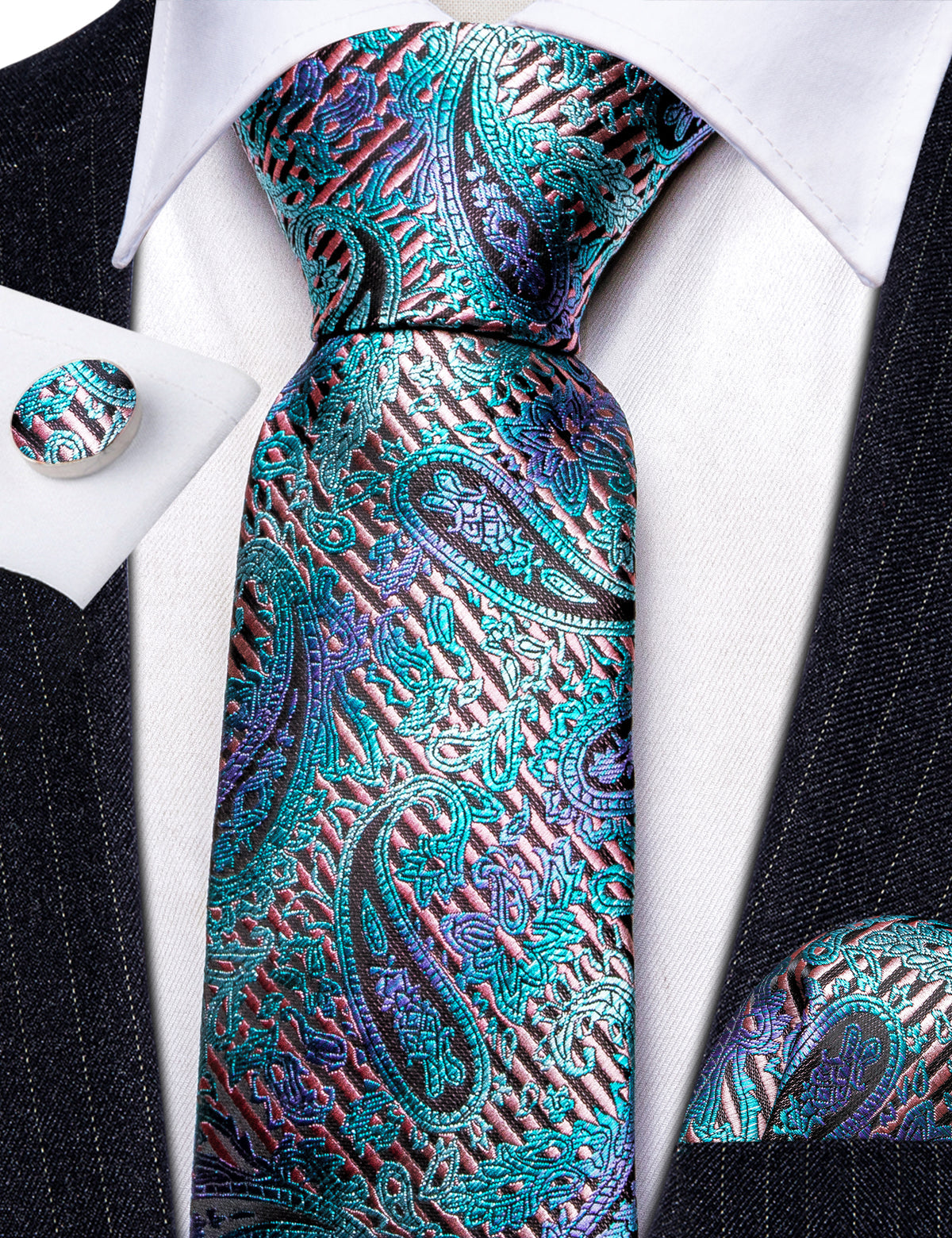 Shining Blue Purple Paisley Tie, Pocket Square and Cufflinks Set tie sets - Sophisticated Gentlemen