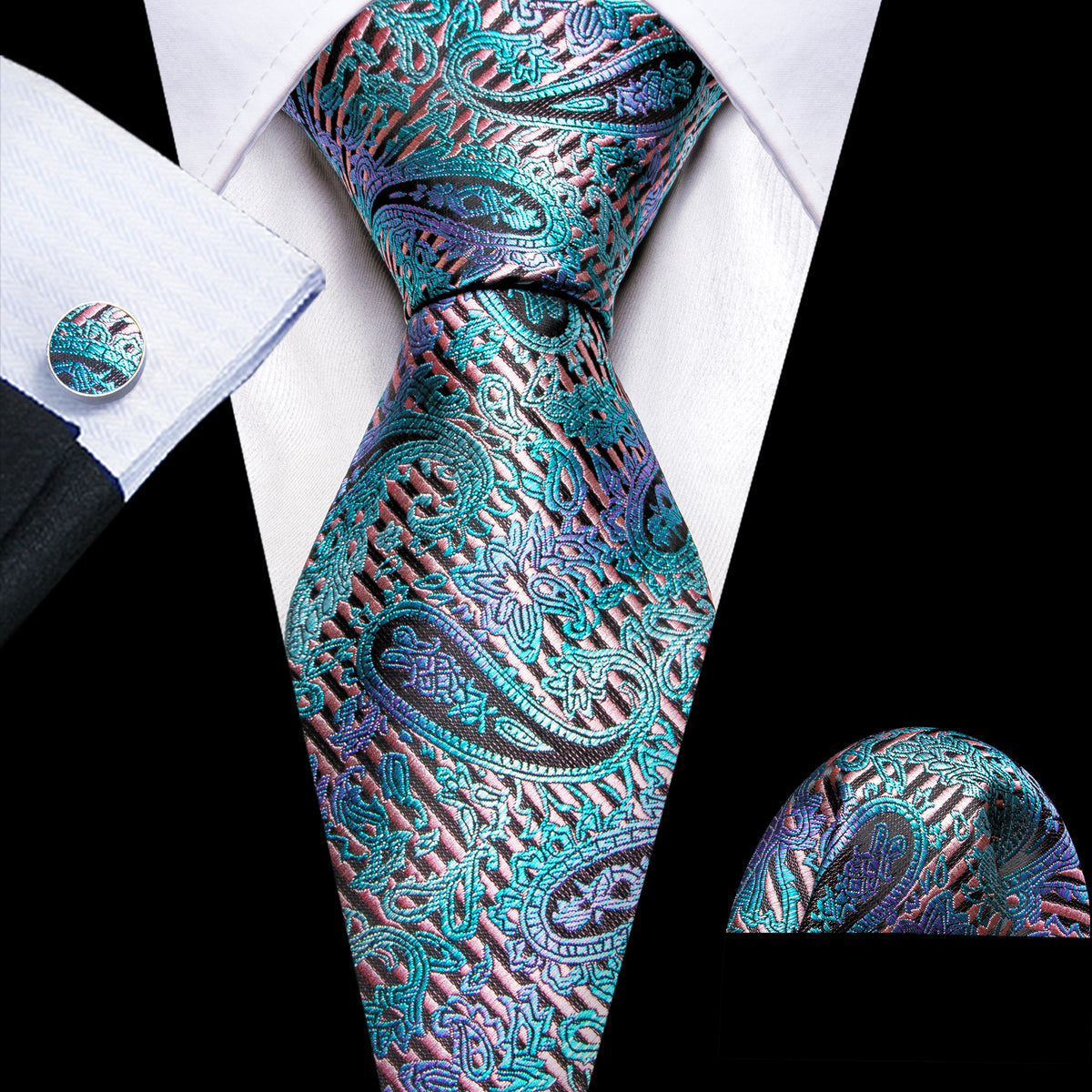 Shining Blue Purple Paisley Tie, Pocket Square and Cufflinks Set tie sets - Sophisticated Gentlemen