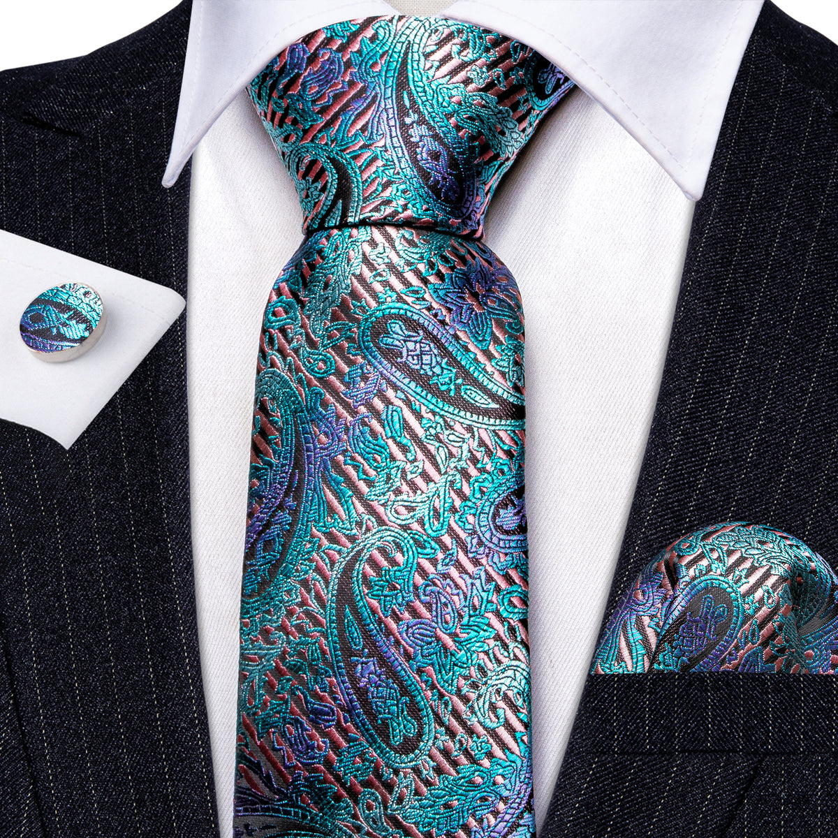 Shining Blue Purple Paisley Tie, Pocket Square and Cufflinks Set tie sets - Sophisticated Gentlemen
