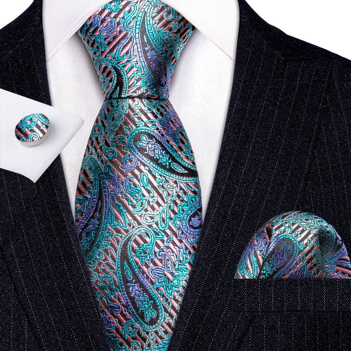 Shining Blue Purple Paisley Tie, Pocket Square and Cufflinks Set tie sets - Sophisticated Gentlemen