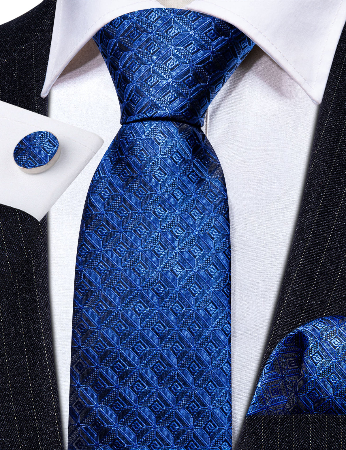 Blue Novelty Plaid Silk Tie, Pocket Square and Cufflinks Set tie sets - Sophisticated Gentlemen