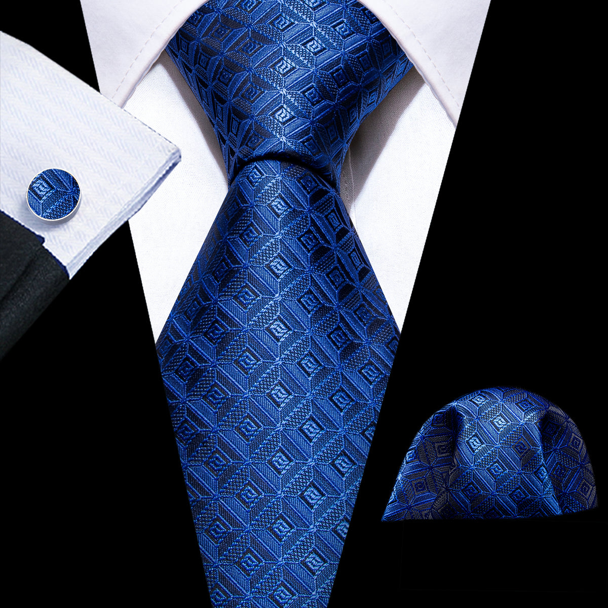Blue Novelty Plaid Silk Tie, Pocket Square and Cufflinks Set tie sets - Sophisticated Gentlemen