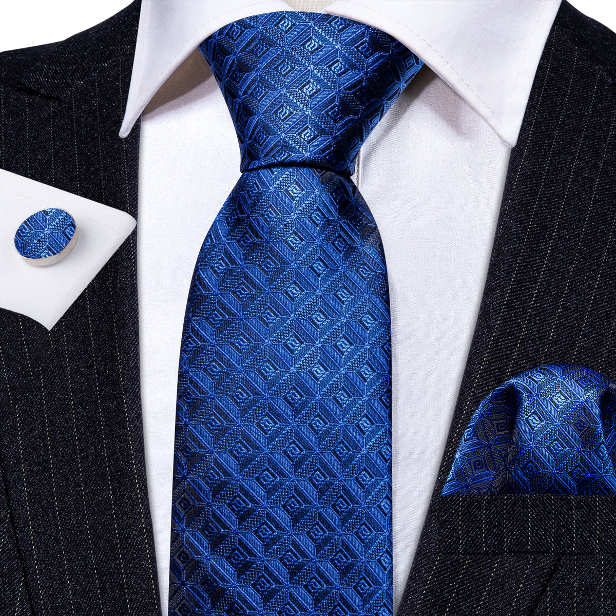Blue Novelty Plaid Silk Tie, Pocket Square and Cufflinks Set tie sets - Sophisticated Gentlemen