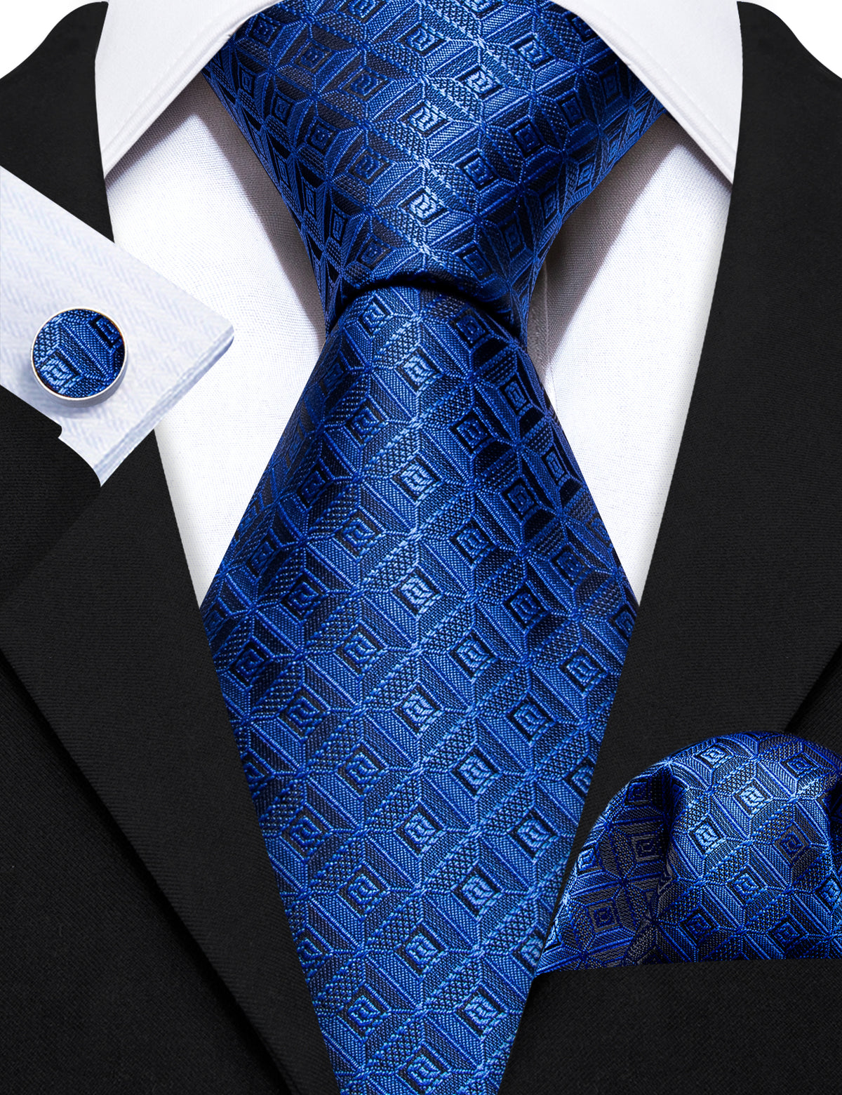 Blue Novelty Plaid Silk Tie, Pocket Square and Cufflinks Set tie sets - Sophisticated Gentlemen