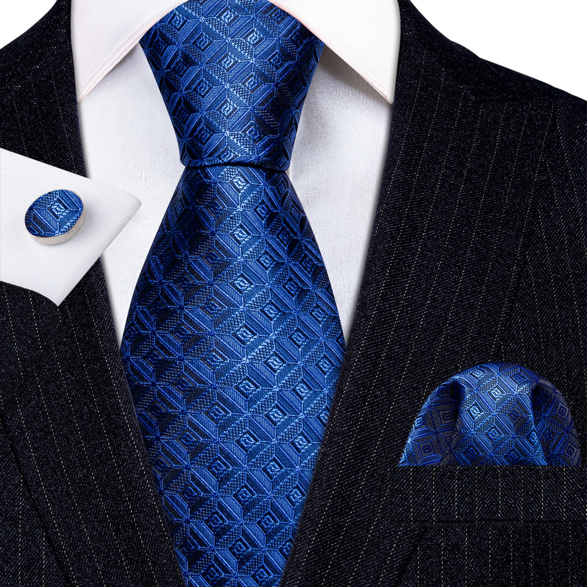 Blue Novelty Plaid Silk Tie, Pocket Square and Cufflinks Set tie sets - Sophisticated Gentlemen