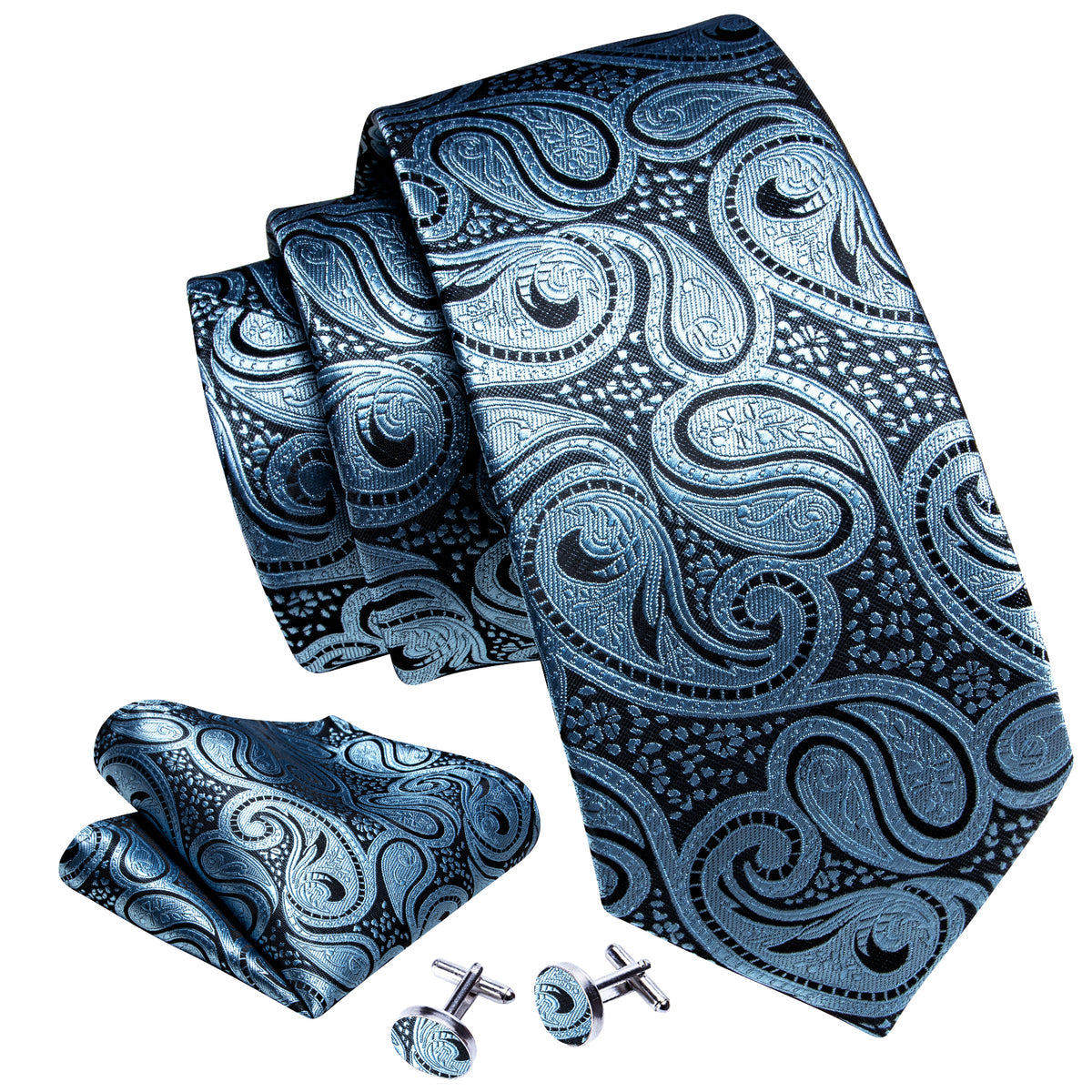 Light Blue Paisley Silk Tie, Pocket Square and Cufflinks Set tie sets - Sophisticated Gentlemen